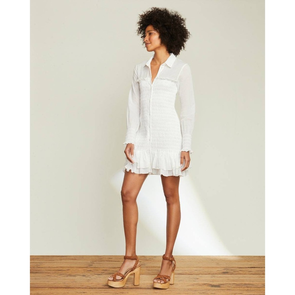 VERONICA BEARD Kelsey Smocked Shirt Dress White Sz 00 Cotton Flouncy Ruffle Chic